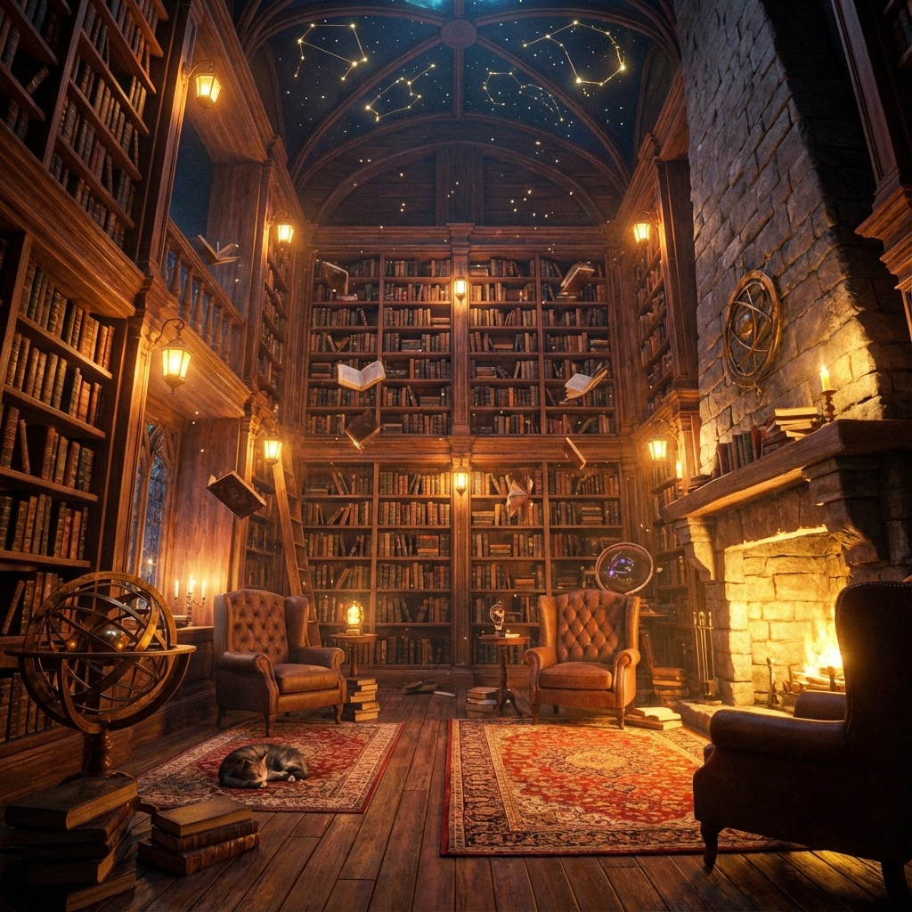 Magical library filled with books